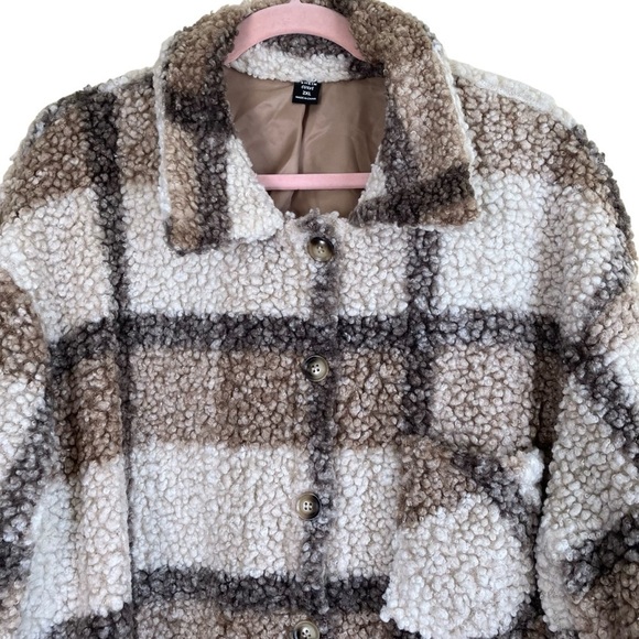 SHEIN CURVE LUNE Plus Plaid Pattern Drop Shoulder Teddy Coat Tan Cream Sz 2X - Picture 3 of 16
